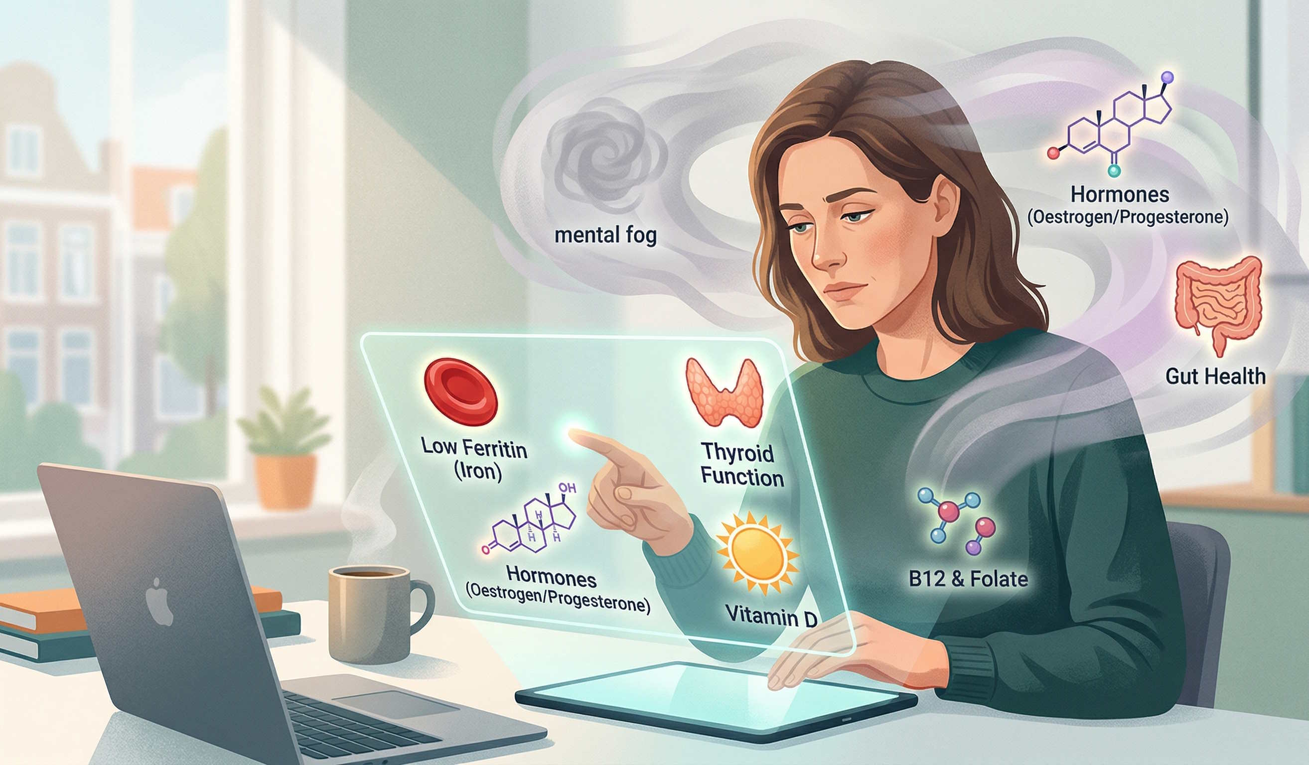 Illustration of a woman with a glowing display of biological factors like iron, thyroid, and hormones